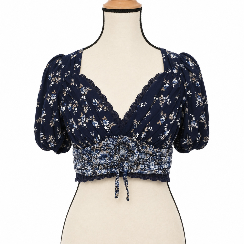 Altar'd State Crop Top Womens Medium Blue Floral Puff Sleeve Smocked Bohemian